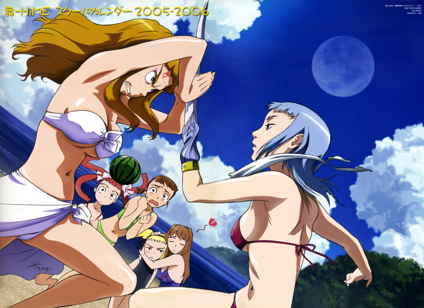 6+girls absurdres alyssa_searrs anger_vein armpits bandeau beach bikini blade_catching breasts covered_nipples front-tie_top fujino_shizuru highres higurashi_akane hisayuki_hirokazu large_breasts medium_breasts miyu_greer multiple_girls munakata_shiho my-hime official_art official_wallpaper outdoors quad_tails sarong suzushiro_haruka swimsuit sword third-party_edit weapon white_sarong