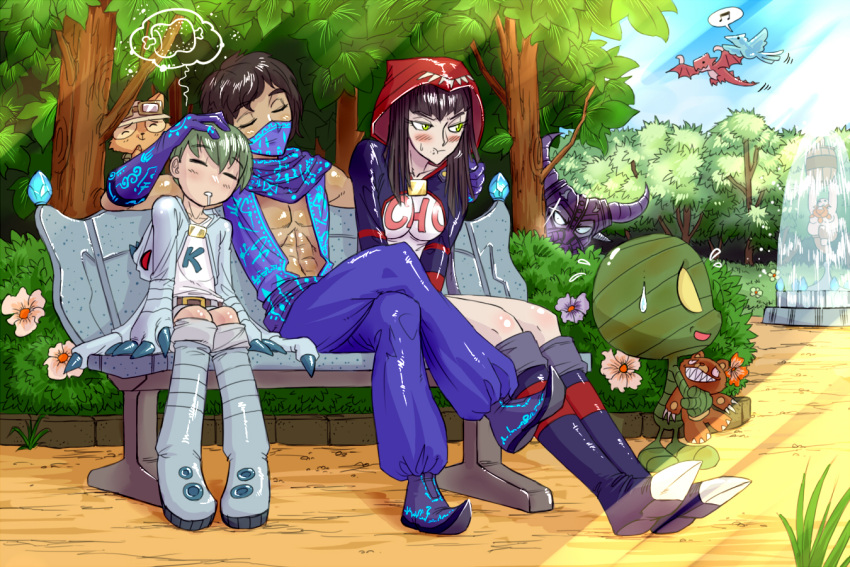 2boys 2girls amumu anivia bench cho'gath closed_eyes commentary_request drooling fountain genderswap_(otf) genderswap_(otm) gragas kassadin kog'maw korean_commentary league_of_legends long_hair malzahar multiple_boys multiple_girls outdoors park personification ranger_squirrel rule_63 shyvana sleeping stuffed_animal stuffed_toy teddy_bear teemo tibbers