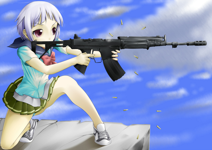 bad_id bad_pixiv_id female fnc_(upotte!!) grey_hair gun highres panties purple_eyes rifle school_uniform serafuku short_hair skirt solo solru underwear upotte!! weapon