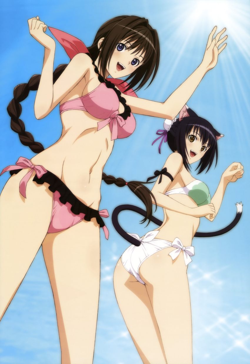 2girls absurdres animal_ears ass bikini black_hair braid day highres imageboard_desourced long_hair matsumoto_keita multiple_girls neris_(shining_hearts) non-web_source nyantype official_art paw_pose scan shaomei_rin shining_(series) shining_hearts side-tie_bikini_bottom sky swimsuit tail tail_through_clothes very_long_hair