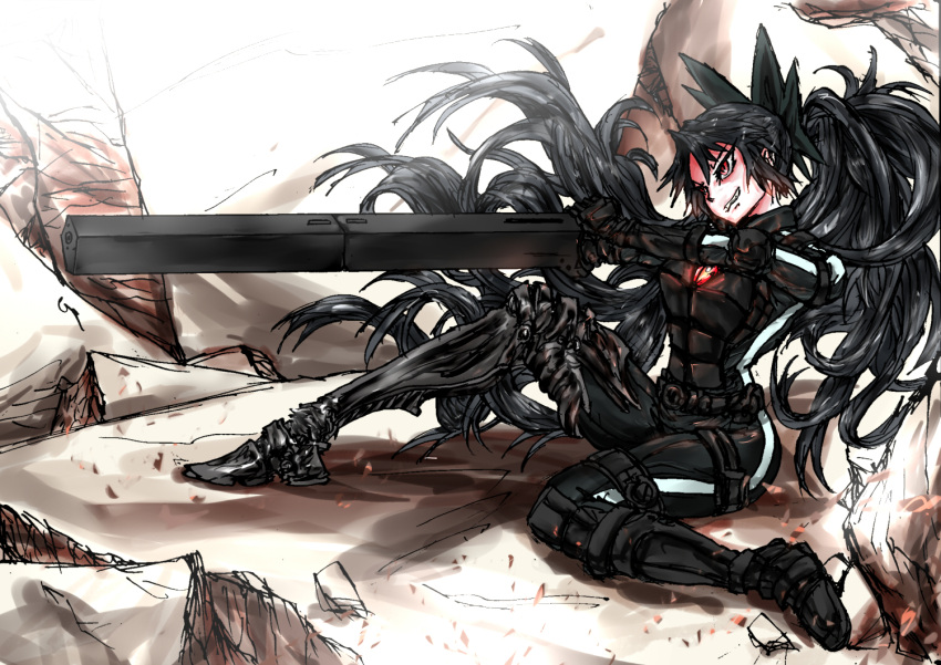 alternate_costume alternate_weapon arm_cannon biomega black_hair bodysuit bow commentary_request evyngr female grin hairbow long_hair no_wings parody ponytail red_eyes reiuji_utsuho smile solo third_eye touhou very_long_hair weapon