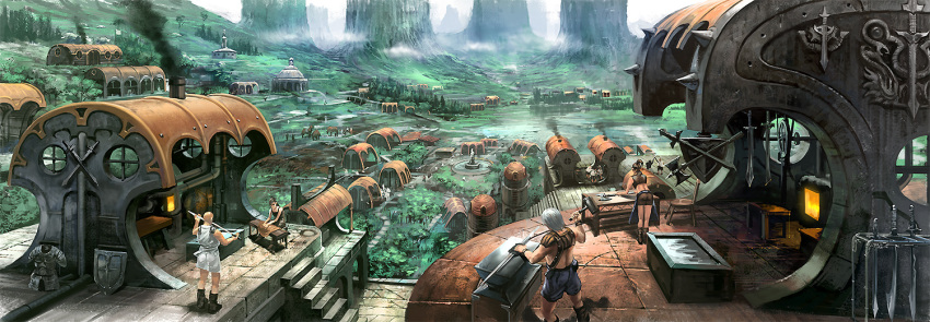 2boys 2girls anvil armor basin blacksmith cloud commentary_request furnace hammer landscape multiple_boys multiple_girls noba outdoors pixiv_fantasia pixiv_fantasia_sword_regalia scenery shield smoke statue sword valley village water weapon