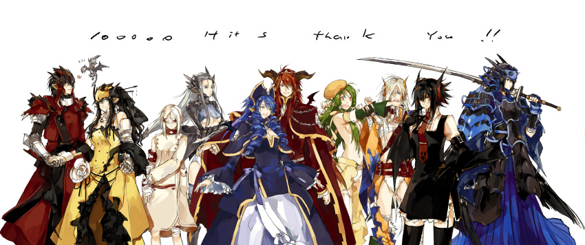 2boys 6+girls absurdres animal armor bandages black_hair blue_hair chains cloak commentary_request dragon dress drill_hair eyepatch flower garter_straps gauntlets gold_rathian green_hair hat helmet highres holding_hands horns khezu kushala_daora lao-shan_lung long_hair lunastra milestone_celebration monster_hunter_(series) multiple_boys multiple_girls nargacuga necktie ootachi personification photoshop_(medium) rathalos rathian red_hair ribbon sarashi silver_rathalos starshadowmagician sword teostra thighhighs tigrex topless weapon wrist_cuffs wyvern yama_tsukami