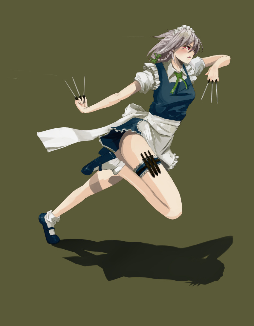 absurdres between_fingers braid commentary_request female glowing glowing_eyes grey_hair highres holding izayoi_sakuya knife maid maid_headdress mary_janes red_eyes running shadow shoes short_hair socks solo thigh_strap touhou twin_braids weapon_in_garters yammy_(cellblo)