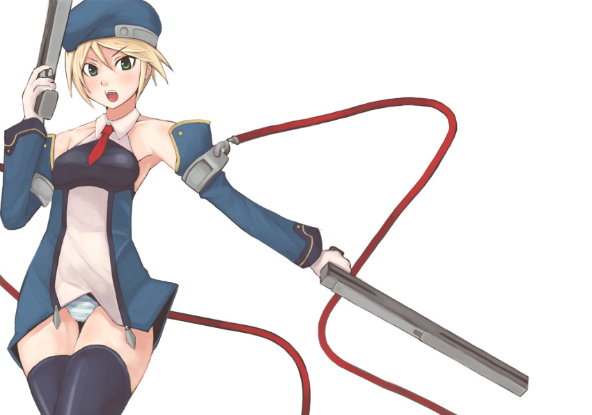 beret blazblue blonde_hair bolverk commentary_request detached_sleeves dress dual_wielding female gloves green_eyes gun handgun hat holding necktie noel_vermillion panties pantyshot short_dress short_hair solo souzan_kurasuke striped_clothes striped_panties thighhighs underwear weapon