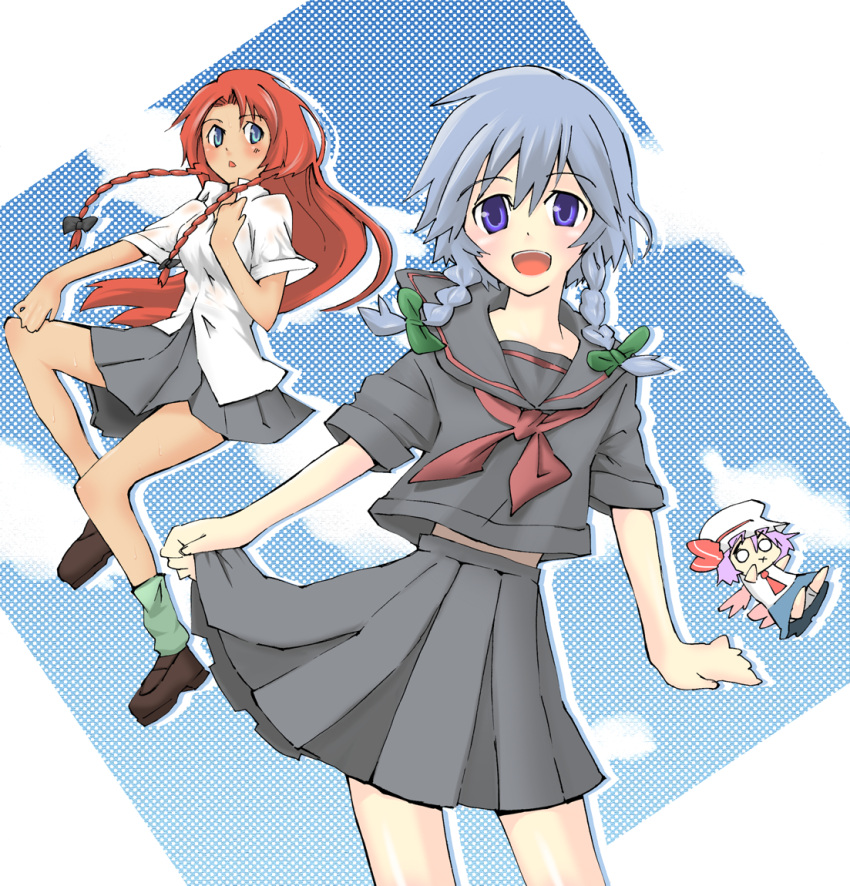 2girls :x aged_down alternate_costume blue_eyes braid chibi colorized commentary_request grey_hair hat hong_meiling izayoi_sakuya long_hair multiple_girls ogawa_maiko red_hair remilia_scarlet ribbon school_uniform short_hair suzuya_wataru touhou twin_braids