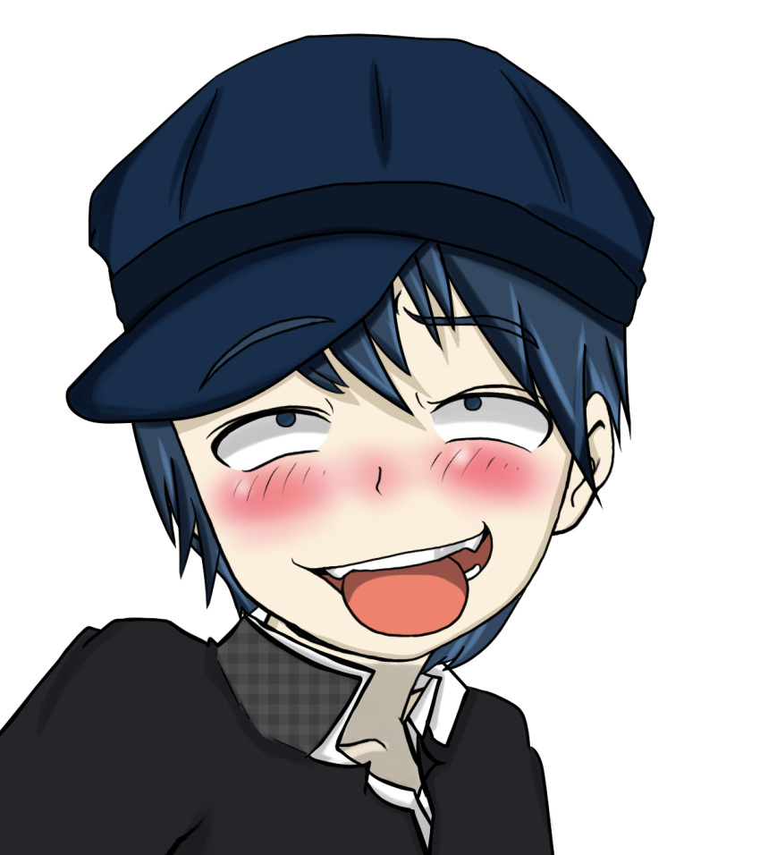 ahe_gao ahegaokin bad_id bad_pixiv_id blue_hair blush cabbie_hat female haginomoto hat highres persona persona_4 shirogane_naoto short_hair solo tongue