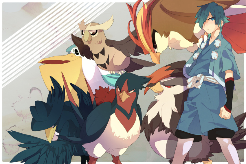 1boy belt bird blue_eyes blue_hair commentary_request falkner_(pokemon) hair_over_one_eye hat honchkrow japanese_clothes menoco noctowl pelipper pidgeot pokemon pokemon_(creature) pokemon_hgss short_hair staraptor swellow