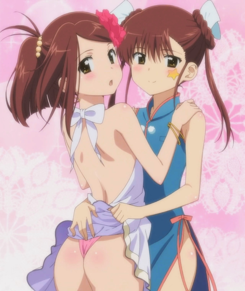 2girls apron ass back blush braid brown_hair china_dress chinese_clothes dress hair_ribbon highres kissxsis multiple_girls naked_apron no_panties panties pink_panties ponytail ribbon screencap siblings sisters smile stitched suminoe_ako suminoe_riko twin_braids twins underwear