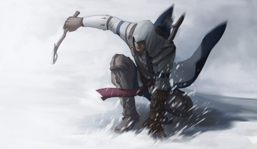 1boy assassin's_creed_(series) assassin's_creed_iii belt bow_(weapon) commentary_request connor_kenway gloves hood male_focus photoshop_(medium) quiver snow solo threeluggage tomahawk vambraces weapon