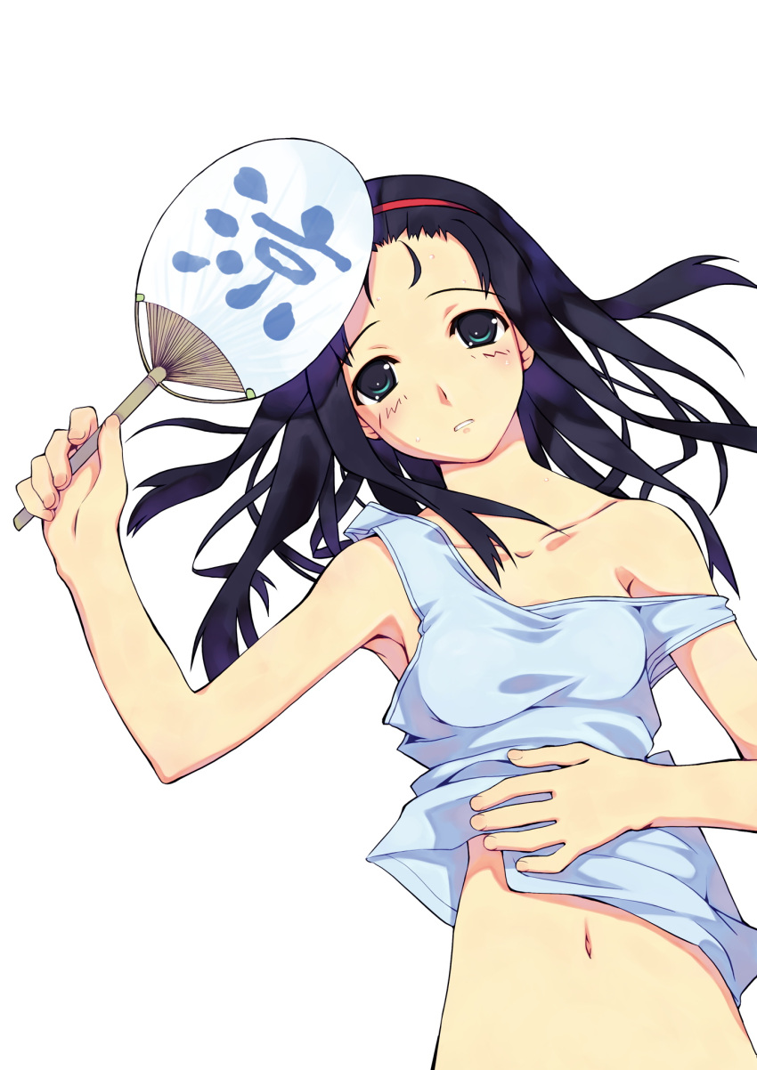 bad_link blue_hair copyright_request female green_eyes hairband hand_fan hand_on_own_stomach highres midriff murakami_suigun navel off_shoulder paper_fan sleeveless solo summer uchiwa white_background