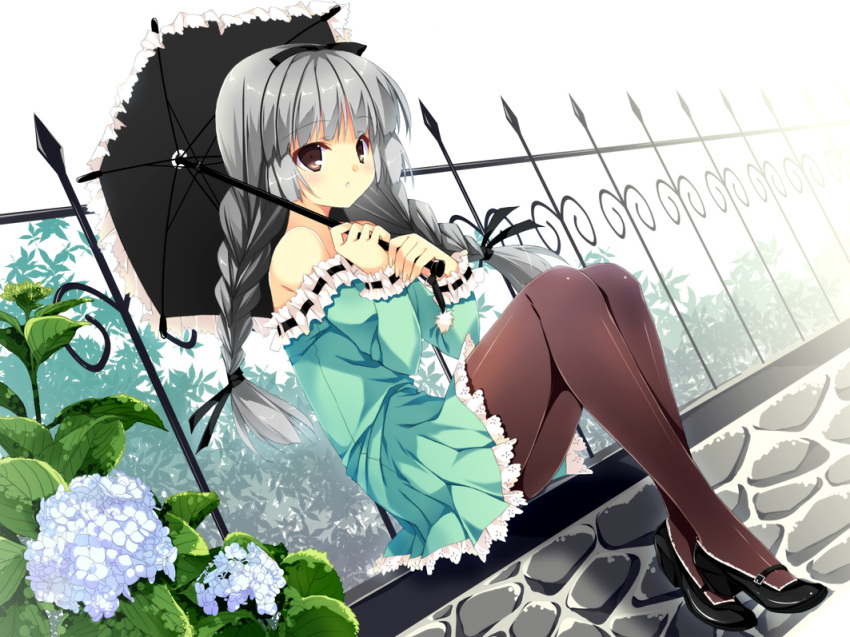 aqua_dress bad_id bad_pixiv_id bare_shoulders black_footwear braid brown_eyes brown_pantyhose commentary_request dress dutch_angle female fence flower grey_hair hydrangea kobayashi_chisato long_hair long_sleeves looking_at_viewer original pantyhose parasol photoshop_(medium) ribbon-trimmed_clothes ribbon_trim shoes short_dress sitting solo twin_braids umbrella