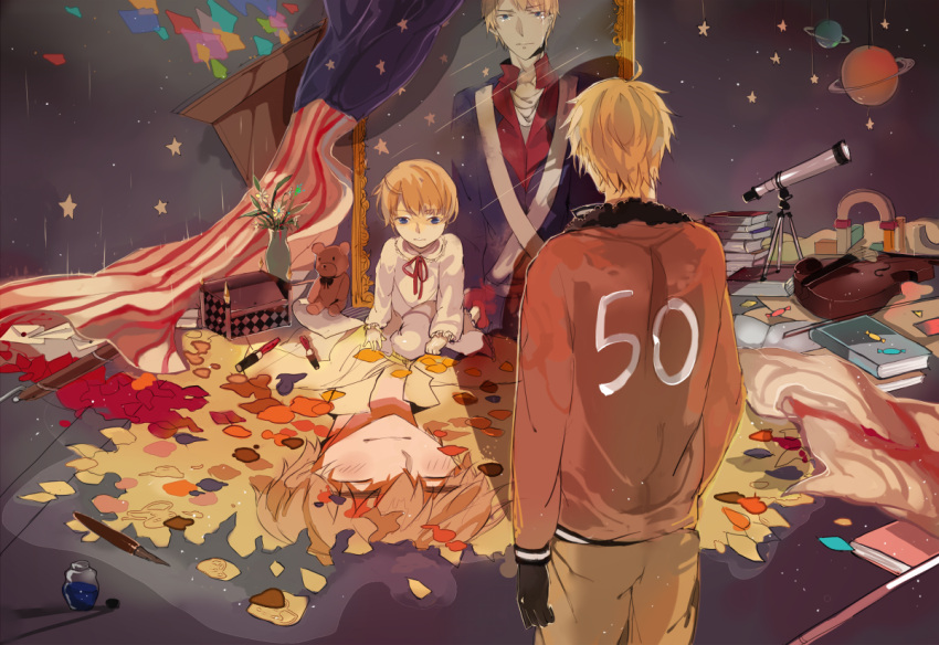 4boys aged_down america_(hetalia) american_flag axis_powers_hetalia bad_id bad_pixiv_id blonde_hair blue_eyes bomber_jacket book bottle gloves ink_bottle jacket lolicon lvycqt male_focus multiple_boys multiple_persona star_(symbol) stuffed_animal stuffed_toy tears teddy_bear telescope toy_soldier united_kingdom_(hetalia)