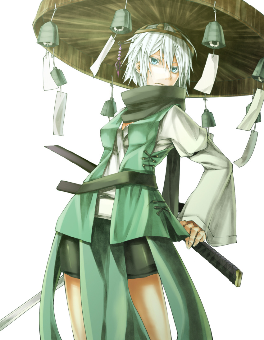 akimikan_(2.5deciliter) alternate_costume bad_id bad_pixiv_id bell blue_eyes female hat highres holding japanese_clothes kataginu katana konpaku_youmu scarf serious sheath sheathed short_hair simple_background skirt solo straw_hat sword touhou wakizashi weapon white_background white_hair wide_sleeves wind_chime