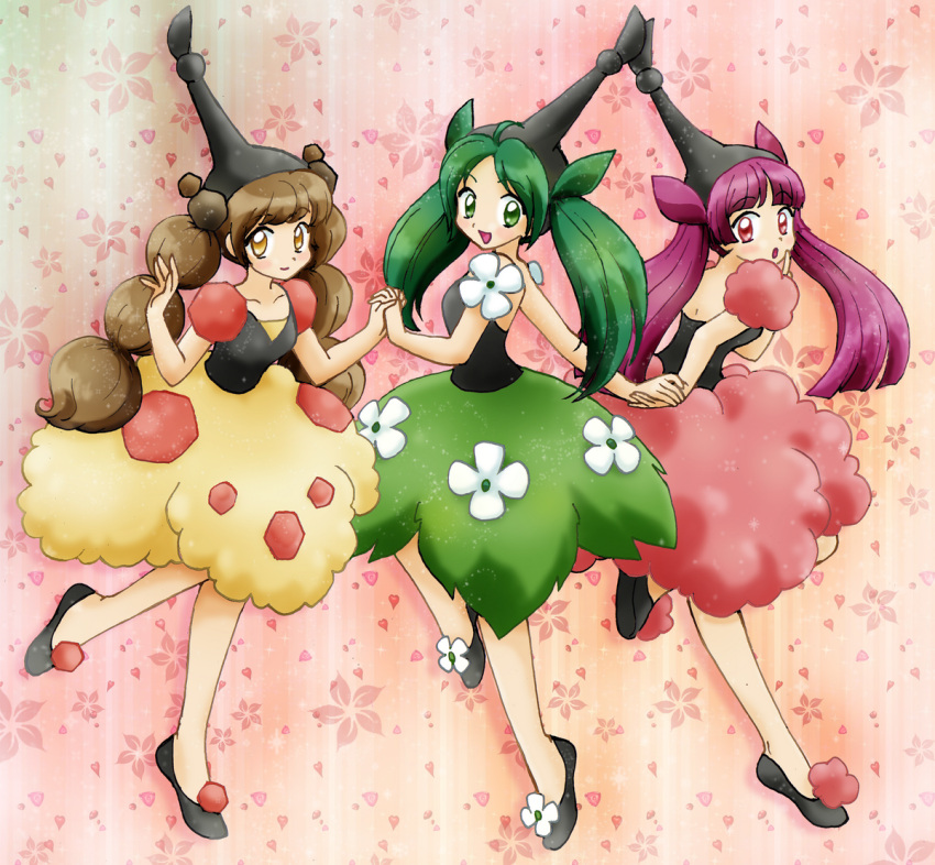 3girls black_footwear brown_hair chikorita85 collarbone commentary_request dress finger_to_mouth flower full_body green_hair happy holding_hands long_hair looking_at_viewer multiple_girls personification pink_hair pokemon shoes shushing wormadam wormadam_(plant) wormadam_(sandy) wormadam_(trash)