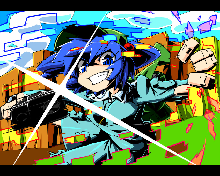 blue_eyes blue_hair commentary_request female grin gun hair_bobbles hair_ornament handgun hat highres kawashiro_nitori key letterboxed long_sleeves r-18_jii short_hair smile solo touhou ttgl_eyecatch two_side_up weapon