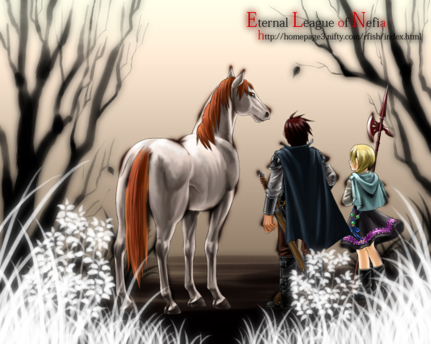 1boy 55dopl3e animal armor blue_cape cape commentary_request copyright_name dress elona female from_behind grass halberd holding holding_polearm holding_weapon horse little_girl_(elona) photoshop_(medium) polearm protagonist_(elona) scabbard sheath sheathed skirt sword tree weapon web_address white_horse