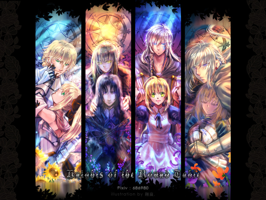 4boys 4girls apron armor artoria_pendragon_(fate) bare_shoulders bedivere_(fate) blonde_hair blue_eyes bow braid cape commentary_request detached_sleeves dress facial_mark fate/extra fate/stay_night fate/unlimited_codes fate/zero fate_(series) gawain_(fate) glowing glowing_eyes green_eyes hairbow highres lancelot_(fate/zero) long_hair maid merlin_(fate) multiple_boys multiple_girls multiple_persona photoshop_(medium) ponytail purple_eyes purple_hair saber_(fate) saber_alter saber_lily steelgarden white_hair yellow_eyes