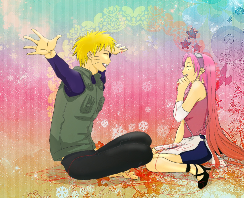 blonde_hair high_heels highres naruto pink_hair pixiv_manga_sample red_string resized sakura_haruno shoes string uta88 uzumaki_naruto