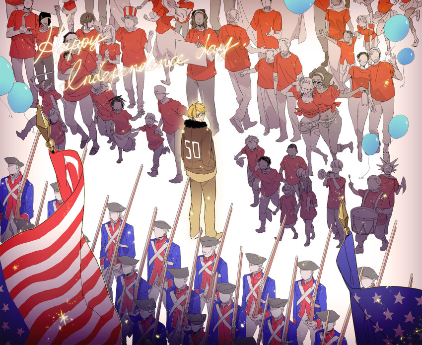 6+boys 6+girls ahoge america_(hetalia) american_flag american_revolution axis_powers_hetalia bad_id bad_pixiv_id balloon baseball_bat beard blonde_hair blue_coat blue_eyes bracelet coat dog_tags drum earrings facial_hair flagpole food fourth_of_july glasses gun hat headband highres hijab holding holding_gun holding_weapon hr0518 ice_cream instrument jewelry line_infantry lineup lolicon midriff military military_uniform multiple_boys multiple_girls musket parade soldier sunglasses tricorne trumpet uniform weapon