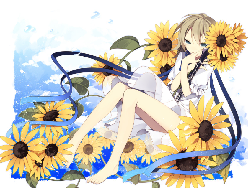 barefoot blue_eyes brown_hair clarinet commentary_request dress female flower hijiri_(resetter) hugging_object instrument long_legs original ribbon short_hair solo sunflower white_dress