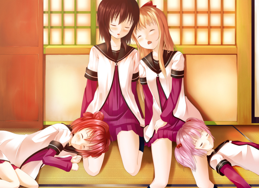 4girls akaza_akari black_hair blonde_hair commentary_request funami_yui furiido_(idobatakaigisho) long_hair multiple_girls nanamori_school_uniform photoshop_(medium) pink_hair red_hair school_uniform serafuku short_hair sleeping toshinou_kyouko yoshikawa_chinatsu yuru_yuri