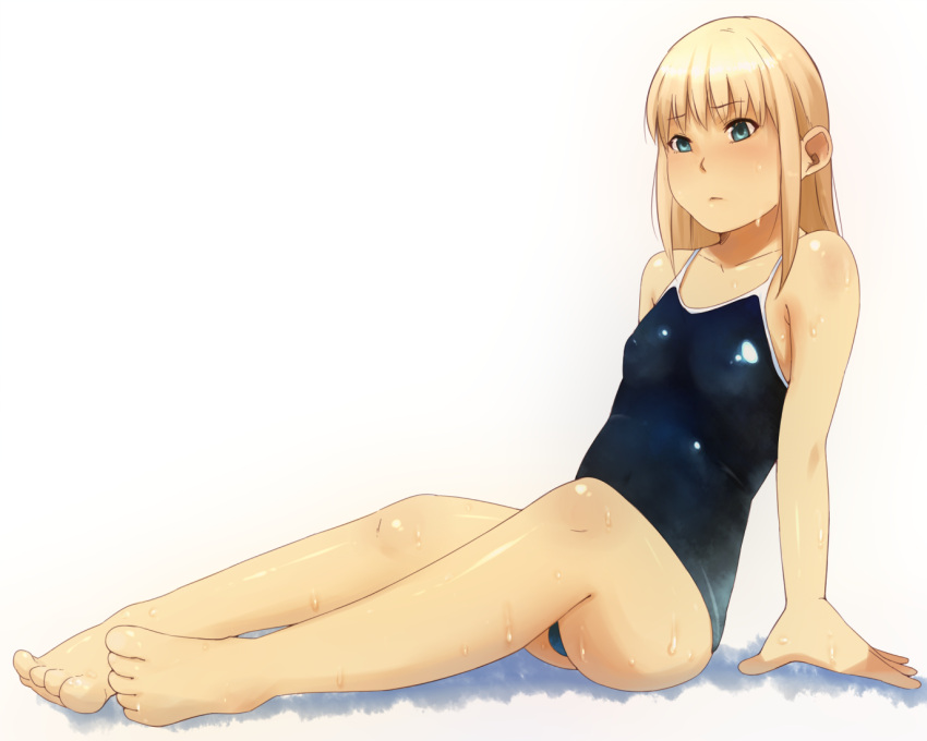 1boy androgynous barefoot blonde_hair blue_eyes blush bulge crossdressing erect_nipples long_hair male male_focus original school_swimsuit simple_background sitting solo swimsuit trap wachiwo wet white_background