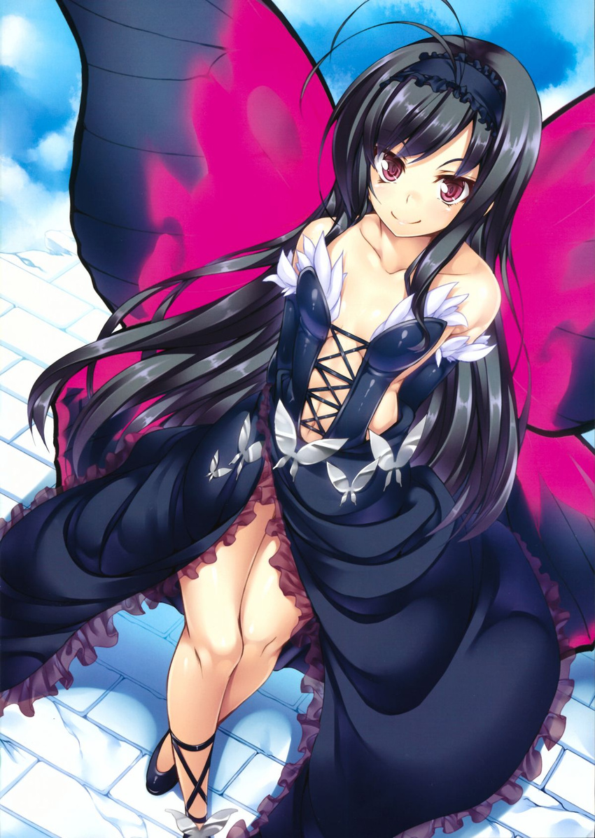 accel_world antenna_hair bare_shoulders black_hair blush bug butterfly butterfly_wings dress elbow_gloves female gloves hairband highres ichijou_hitoshi insect_wings kuroyukihime legs long_hair looking_at_viewer navel smile solo wings