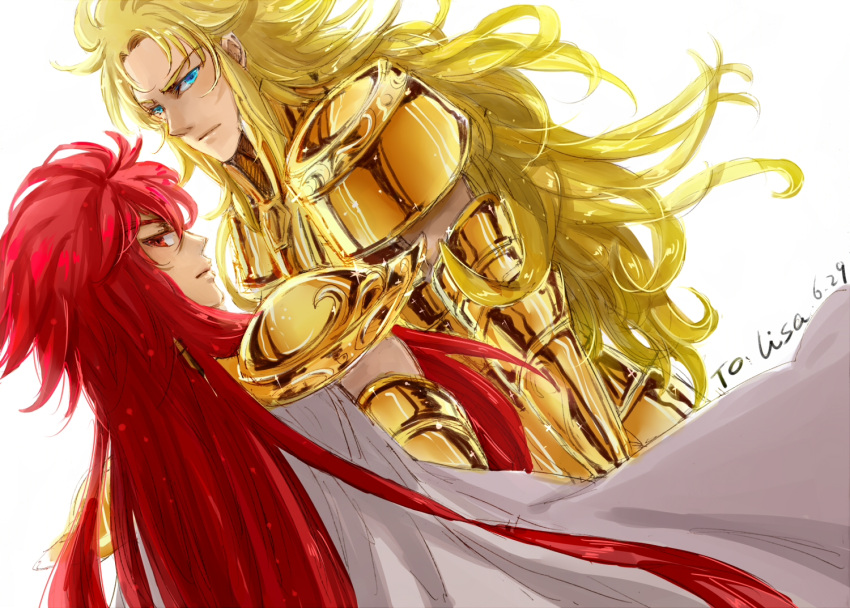 2boys alternate_hair_color aquarius_camus armor blonde_hair blue_eyes cape commentary_request gemini_saga gold_armor gold_saint libramu long_hair male_focus multiple_boys red_eyes red_hair saint_seiya