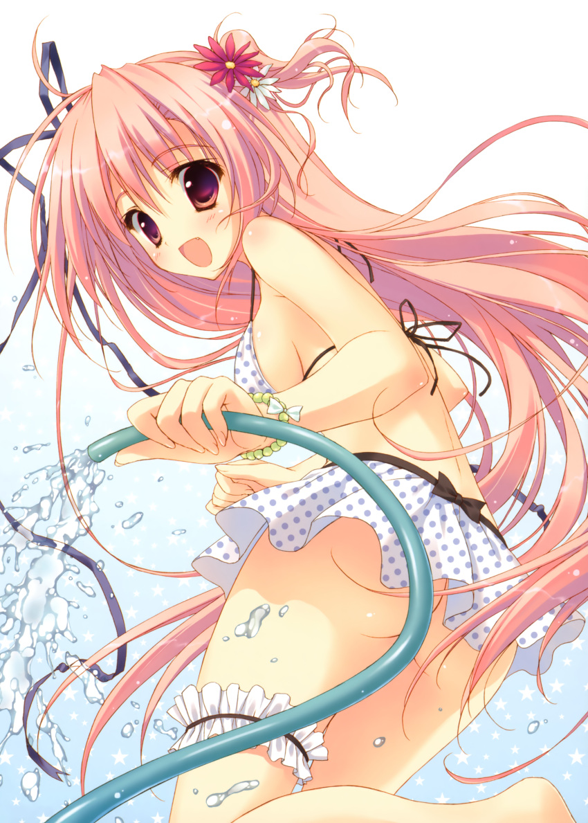 :d absurdres ass bad_link bikini bikini_skirt blush bridal_garter copyright_request female flower hair_flower hair_ornament hair_ribbon hairpin highres holding hose long_hair looking_at_viewer looking_back open_mouth pink_hair polka_dot polka_dot_bikini ribbon ryouka_(suzuya) smile solo splashing swimsuit tareme very_long_hair water white_bikini