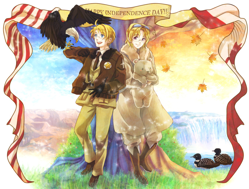 2boys ahoge america_(hetalia) axis_powers_hetalia bad_id bad_pixiv_id bear belt bird blonde_hair blue_eyes bomber_jacket boots brothers bush canada_(hetalia) canyon duck eagle glasses gloves jacket kumajirou_(hetalia) leaf male_focus multiple_boys necktie polar_bear purple_eyes sam_browne_belt setori siblings tree water waterfall