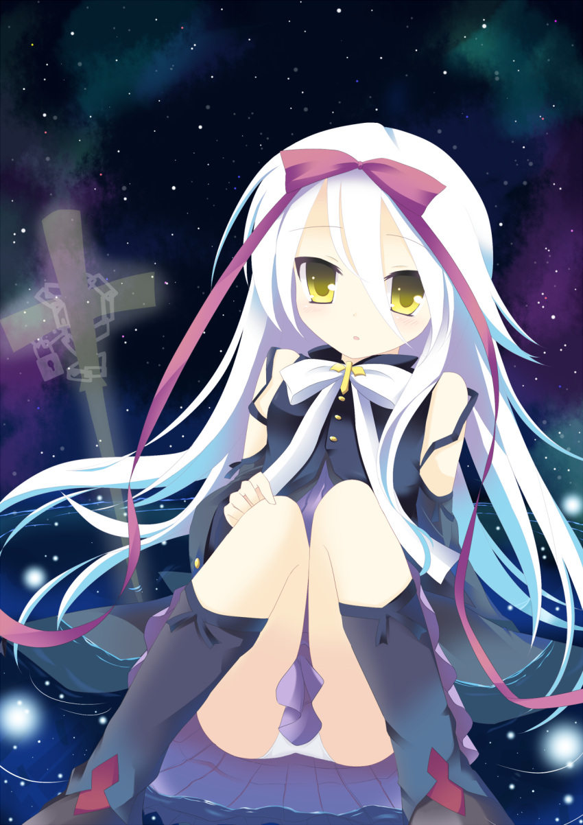 bad_id bad_pixiv_id bare_shoulders chains cross female hair_ribbon highres hoshizora_no_memoria lock long_hair mare_s._ephemeral multicolored_hair nibiiro_shizuka panties pantyshot ribbon sitting skirt sky solo star_(sky) starry_sky underwear white_hair white_panties yellow_eyes