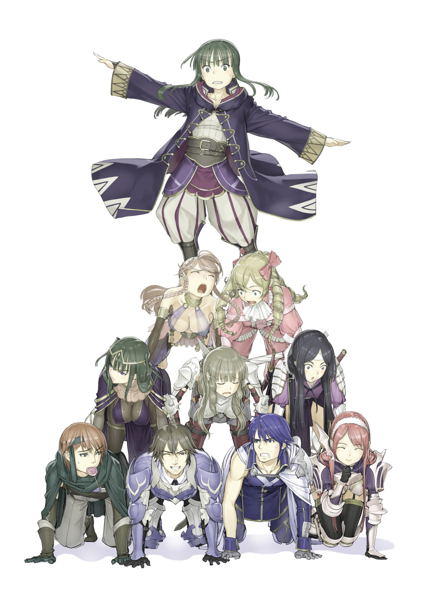 3boys 6+girls :o absurdres all_fours armor bad_id bad_pixiv_id balancing barefoot black_hair blonde_hair blunt_bangs bodysuit braid breastplate breasts brown_eyes brown_hair candy cherche_(fire_emblem) choker chrom_(fire_emblem) cleavage clenched_teeth closed_eyes covered_nipples dress elbow_gloves fire_emblem fire_emblem_awakening food food_in_mouth frederick_(fire_emblem) frills gaius_(fire_emblem) gloves green_eyes green_hair hairband headband highres human_pyramid jpeg_artifacts lollipop maribelle_(fire_emblem) medium_breasts mouth_hold multiple_boys multiple_girls nakabayashi_reimei olivia_(fire_emblem) one_eye_closed open_mouth photoshop_(medium) pyramid_(structure) robin_(female)_(fire_emblem) robin_(fire_emblem) say'ri_(fire_emblem) sheath sheathed skin_tight striped sumia_(fire_emblem) surprised sword teeth tharja_(fire_emblem) thighhighs twin_braids two_side_up weapon