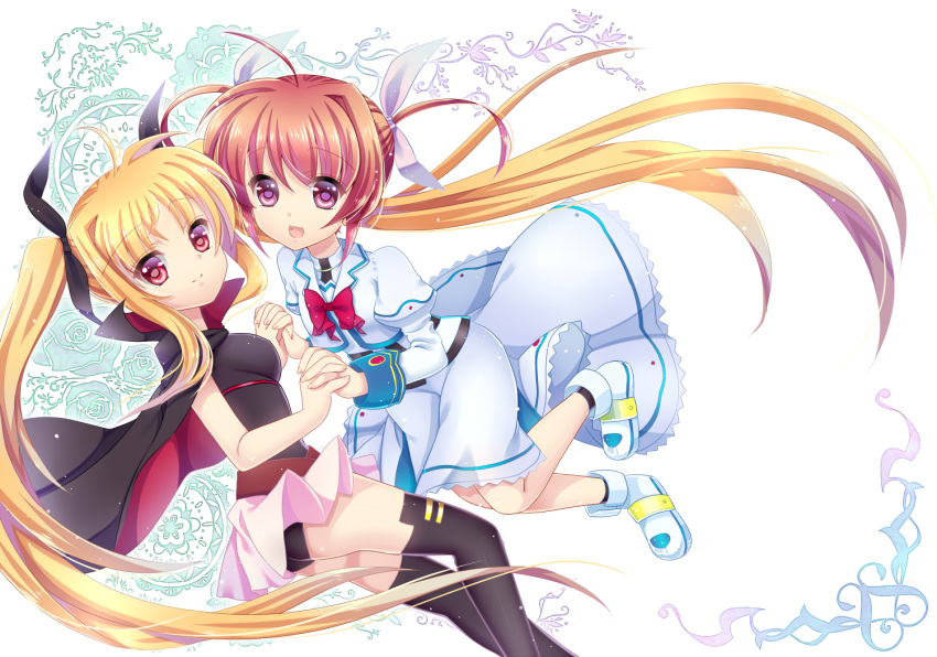 2girls :d bad_id bad_pixiv_id black_socks black_thighhighs blonde_hair brown_hair cape fate_testarossa fate_testarossa_(movie_1st_form) hair_ribbon holding_hands interlocked_fingers lyrical_nanoha magical_girl mahou_shoujo_lyrical_nanoha mahou_shoujo_lyrical_nanoha_the_movie_1st multiple_girls open_mouth red_eyes ribbon short_twintails smile socks takamachi_nanoha takamachi_nanoha_(sacred_mode) thighhighs twintails umeko_(koori_ume)