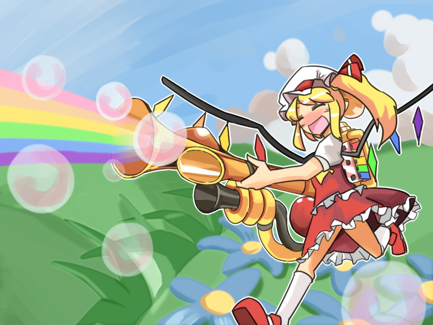 ascot blonde_hair bubble closed_eyes cloud commentary_request day female flandre_scarlet hat hat_ribbon infernal_orchestrina open_mouth parody pyro_(tf2) pyroland rainblower rainbow ribbon short_hair side_ponytail skirt sky smile solo team_fortress_2 touhou wings zassou_maruko