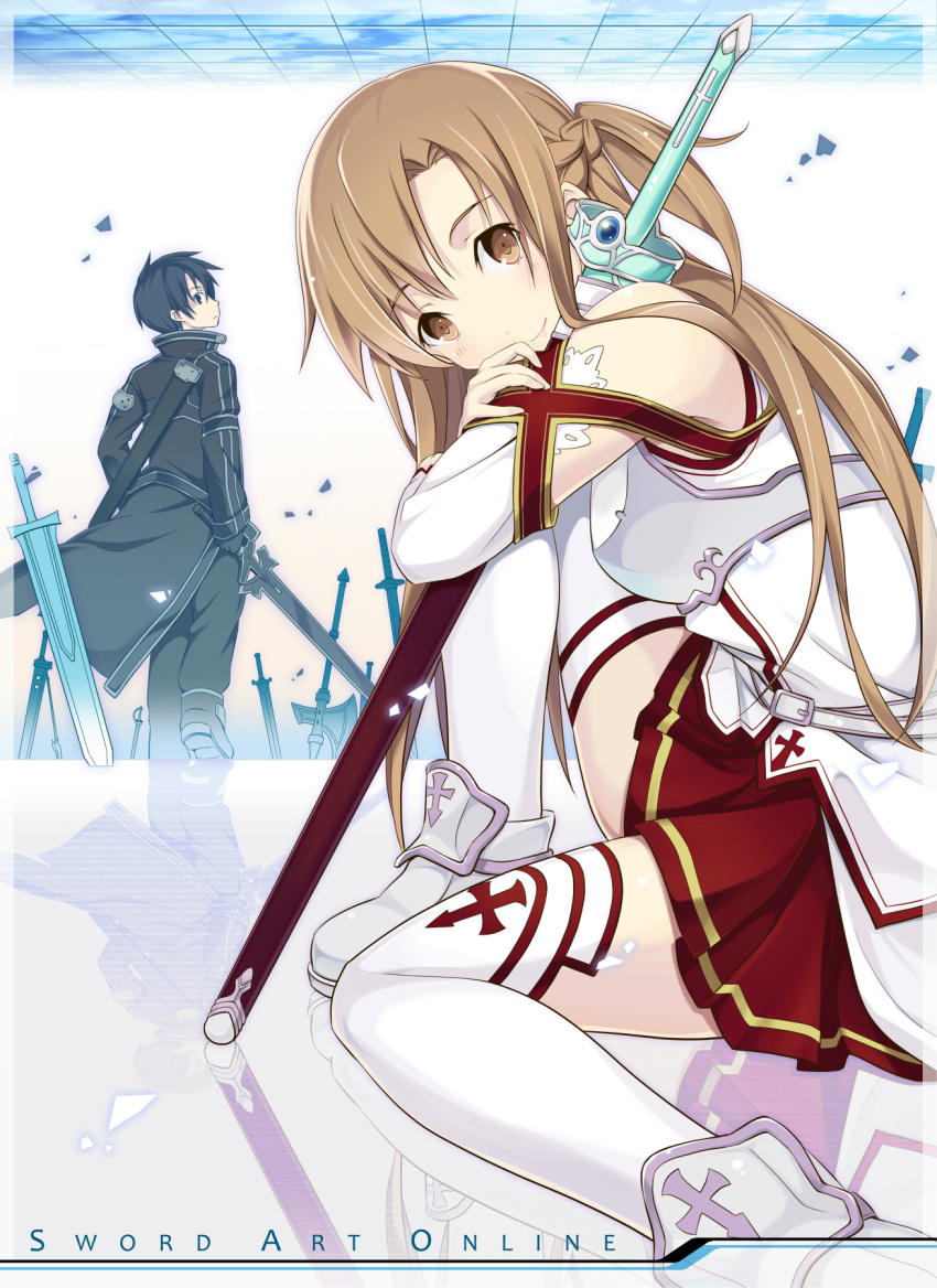 1boy armor asuna_(sao) axe bare_shoulders battle_axe belt black_hair braid brown_eyes brown_hair commentary_request elucidator female highres holding holding_sword holding_weapon itoichi. jacket kirito lambent_light long_hair planted planted_sword profile rapier sheath sheathed short_hair sitting skirt smile sword sword_art_online thighhighs weapon white_armor white_thighhighs