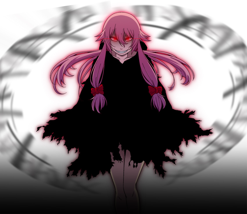 bad_id bad_pixiv_id cloak commentary_request evil_grin evil_smile female gasai_yuno glowing glowing_eyes grin hayashi_custom light_trail long_hair mirai_nikki photoshop_(medium) pink_hair red_eyes smile twintails