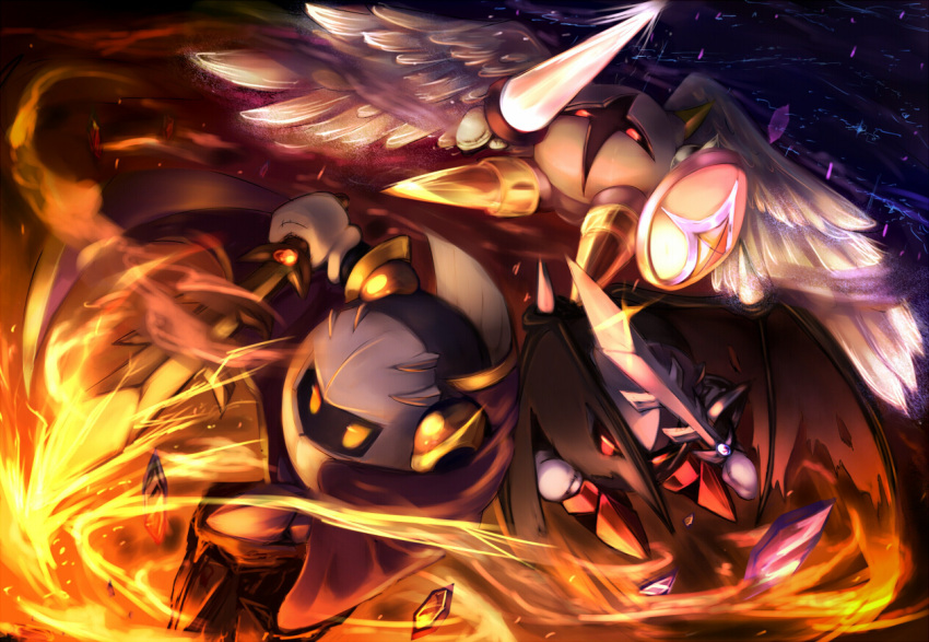 action angel_wings armor bad_id bad_pixiv_id bat_wings buckler cape caramel_(artist) clenched_hand crystal dark_meta_knight feathered_wings feathers fighting_stance fire flying galacta_knight galaxia_(sword) gauntlets horns kirby_(series) lance lightning making-of_available mask meta_knight night night_sky no_humans pauldrons polearm red_eyes rock shield shoulder_armor sky smoke standing star_(sky) sword torn_wings weapon wings yellow_eyes