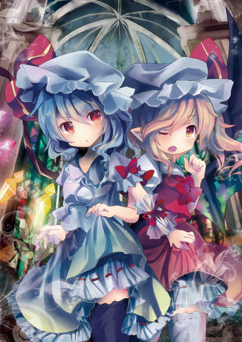 2girls absurdres bad_id bad_link bad_nicoseiga_id bat_wings black_thighhighs blonde_hair blue_hair blush bow dress flandre_scarlet hat highres kedama_milk multiple_girls oerba_yun_fang one_eye_closed open_mouth photoshop_(medium) pointy_ears red_eyes remilia_scarlet ribbon short_hair siblings side_ponytail sisters skirt skirt_hold thighhighs touhou white_legwear wings wrist_cuffs