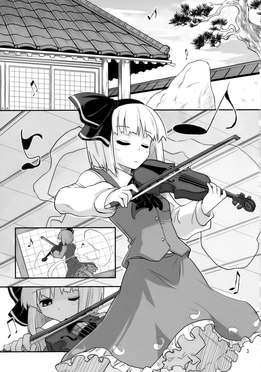 female fujii_jun ghost greyscale hairband highres instrument konpaku_youmu konpaku_youmu_(ghost) monochrome musical_note short_hair solo touhou tree violin