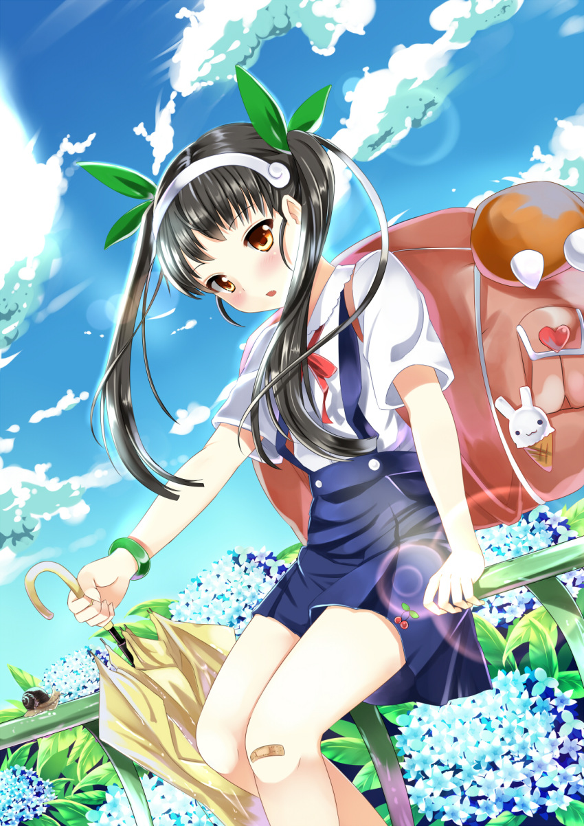 backpack bag bakemonogatari bandaid bandaid_on_knee bandaid_on_leg black_hair blush brown_eyes closed_umbrella commentary_request female flower green_ribbons hachikuji_mayoi hair_ribbon heart highres hydrangea long_hair monogatari_(series) oerba_yun_fang ribbon school_uniform sitting skirt snail solo suspenders twintails umbrella xephonia