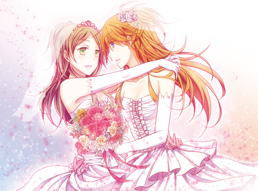 2girls blue_eyes bouquet bridal_veil brown_hair commentary_request dress elbow_gloves flower gloves green_eyes highres houjou_hibiki hug isya minamino_kanade multiple_girls precure suite_precure tiara veil wedding_dress wife_and_wife yuri