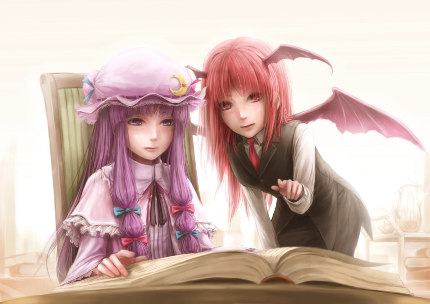 2girls backlighting bat_wings black_ribbon blue_bow blunt_bangs book book_stack bow capelet chair collared_shirt commentary_request crescent cup dress dress_shirt frills hair_ribbon hat head_wings hime_cut koakuma leaning_forward lif_(lif_&_ref) long_hair long_sleeves looking_at_viewer low-tied_long_hair multiple_girls neck_ribbon necktie open_book patchouli_knowledge pink_bow pitcher_(container) pointing pointing_at_viewer purple_dress purple_eyes purple_hair reading red_eyes red_hair red_necktie ribbon serving_cart shirt sidelocks simple_background sitting skirt skirt_set standing striped_clothes striped_dress teacup touhou tress_ribbon vertical_stripes vest white_background white_shirt wings