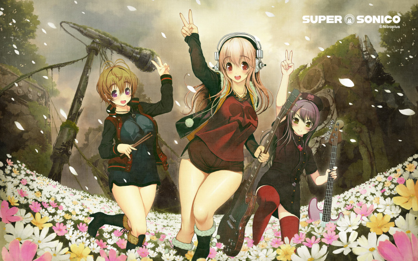 3girls :d axanael bass_guitar blush boots brown_hair character_name copyright_name drumsticks electric_guitar fender_jazz_bass field flower flower_field fujimi_suzu gibson_sg green_eyes guitar hat headphones highres holding instrument long_hair microphone microphone_stand moss multiple_girls nitroplus official_art official_wallpaper open_mouth overgrown petals pink_hair purple_hair red_eyes red_legwear shorts smile speaker super_sonico texture thighhighs tsuji_santa v watanuki_fuuri