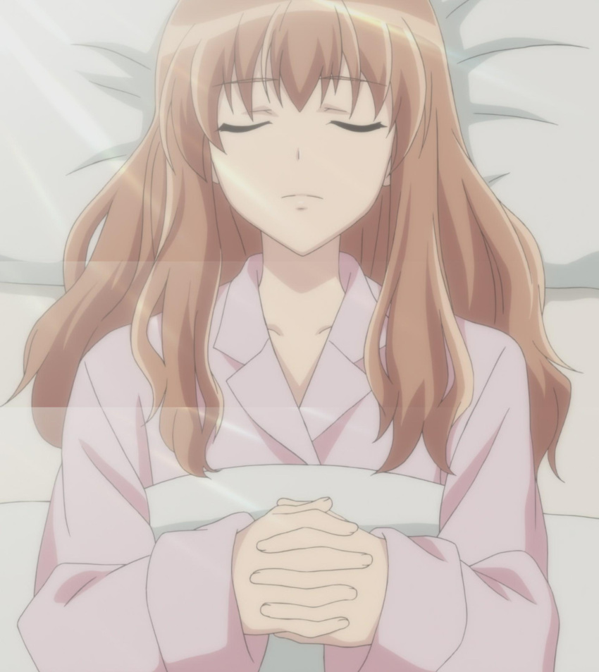 brown_hair closed_eyes dead female highres japanese_clothes kimono long_hair miyata_yuuki moshidora screencap stitched