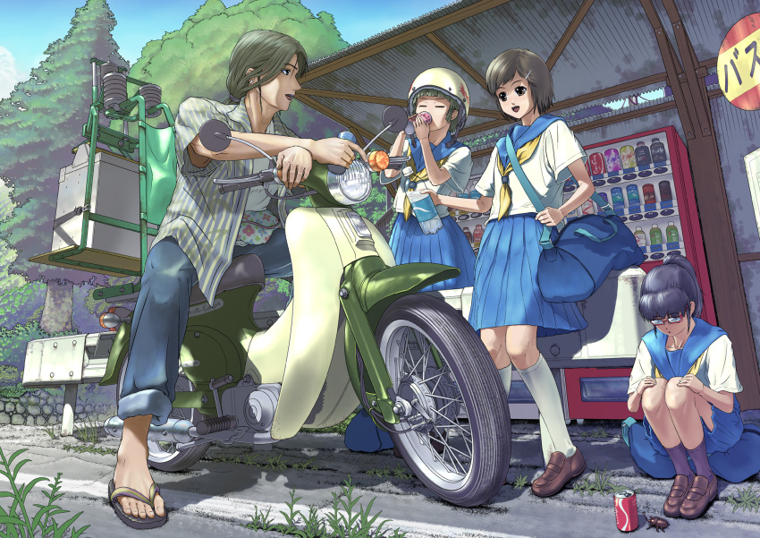 1boy 3girls bad_id bad_pixiv_id bag beetle black_hair bottle bug bus_stop can coca-cola drinking exhaust glasses ground_vehicle helmet highres manabu_adachi moped motor_vehicle multiple_girls nature original photoshop_(medium) ponytail sandals school_uniform sign tree vending_machine