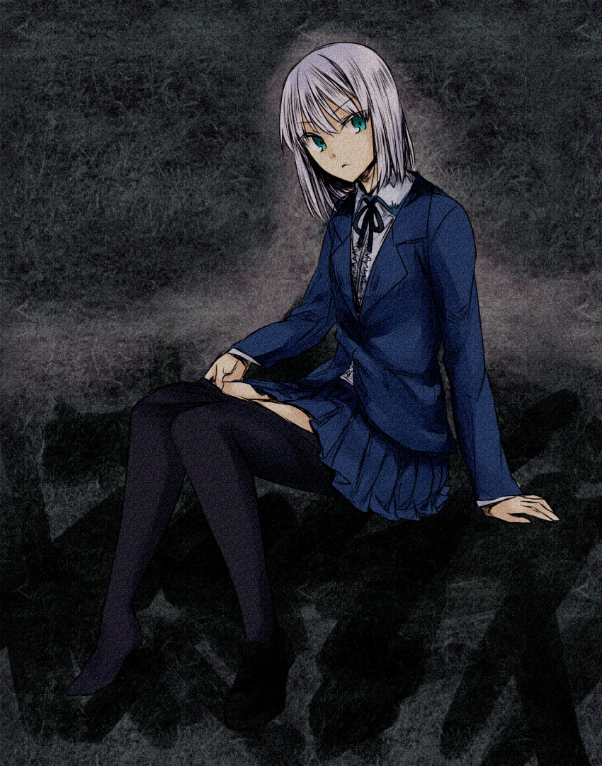 bad_id bad_pixiv_id black_pantyhose blazer blue_eyes clothes_pull female gomi_yashiki highres jacket jormungand_(manga) koko_hekmatyar pantyhose pantyhose_pull school_uniform shoes short_hair single_shoe skirt solo undressing white_hair