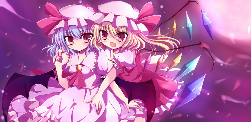 2girls :d blonde_hair blue_hair blush commentary_request flandre_scarlet full_moon hat hat_ribbon highres moon multiple_girls ncatabc open_mouth red_eyes red_moon remilia_scarlet ribbon short_hair side_ponytail smile touhou wings