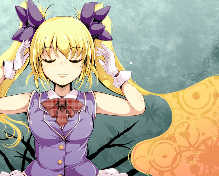 ascot blonde_hair bow closed_eyes commentary_request female gloves hairbow ichirino_minagi long_hair original skirt smile solo twintails very_long_hair