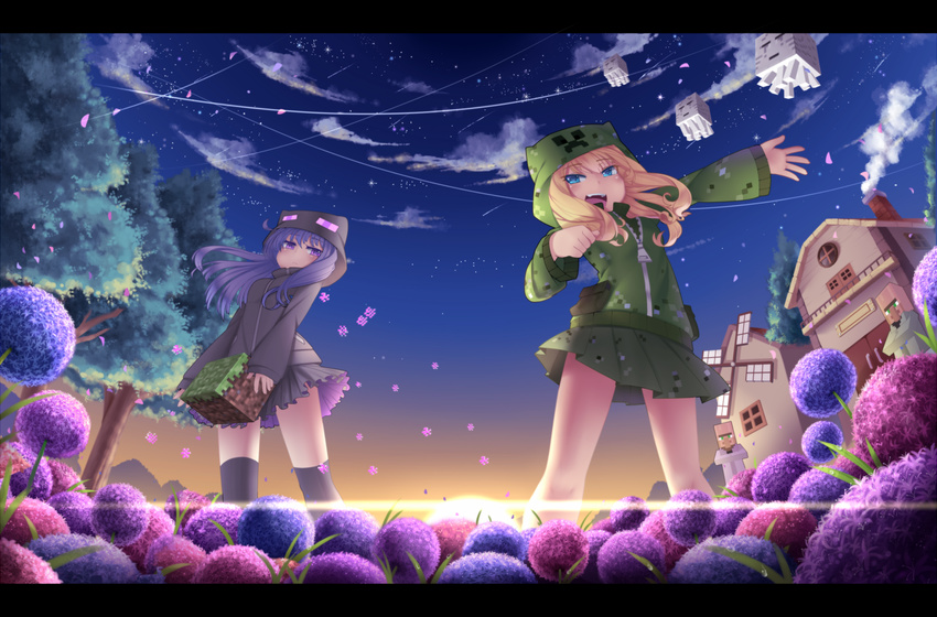 2girls anthro blonde_hair blue_eyes clouds creeper enderman flowers ghast hoodie long_hair minecraft nongqiling petals purple_eyes purple_hair skirt sky stars thighhighs tree villager_(minecraft) windmill